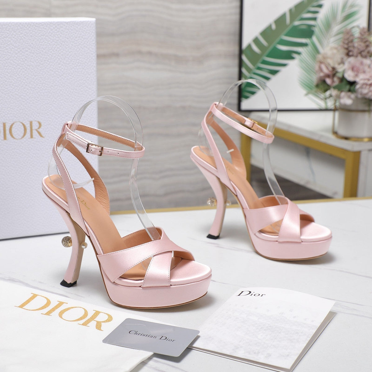 DIOR PEARL-EMBELLISHED HIGH HEEL SANDALS 25S 115 MM IN LIGHT PINK SATIN